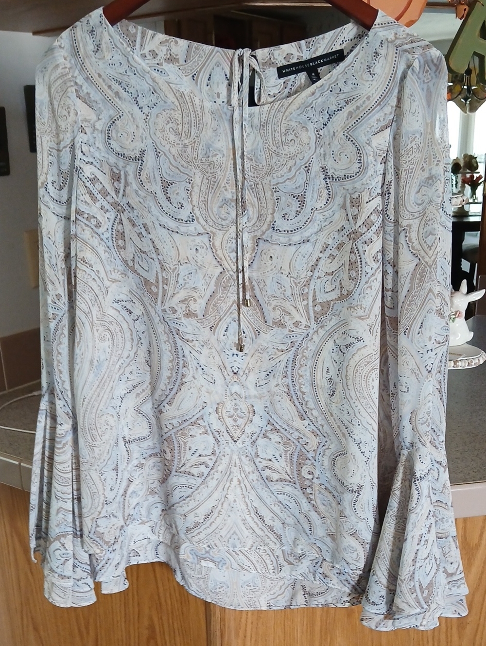 White House Black Market Light Blue and Cream Paisley Tie-Neck Blouse